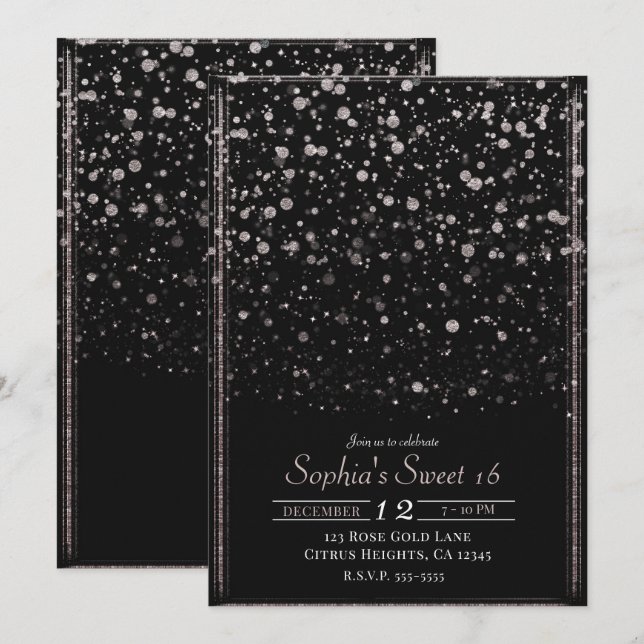 Rose Gold & Black Confetti Spritzer Sweet 16 Party Einladung (Vorne/Hinten)