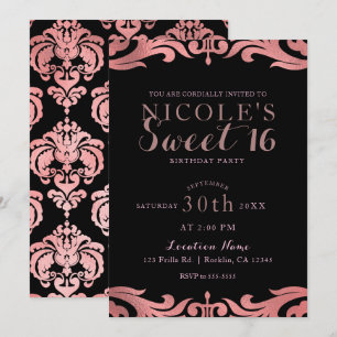 Rose Gold Black Damask Chic Elegant Sweet 16 Party Einladung