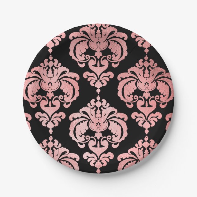 Rose Gold Black Damask Hochzeitsfeier Party Pappteller (Vorderseite)