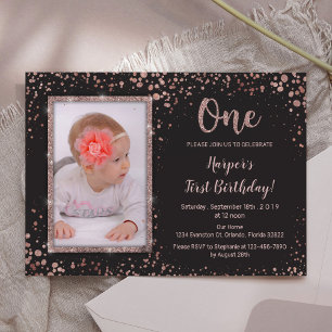 Rose Gold Black First Birthday Foto Einladung