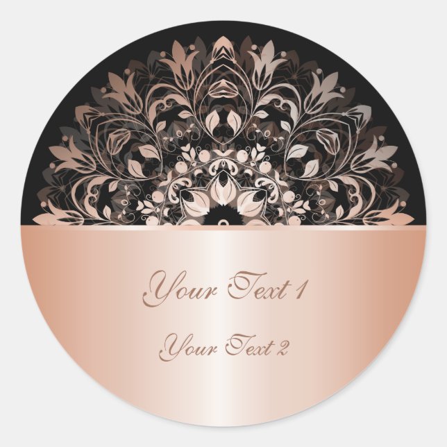 Rose Gold Black Floral Mandala Runder Aufkleber (Vorderseite)