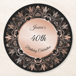 Rose Gold Black Floral Mandala Runder Pappuntersetzer