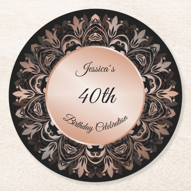 Rose Gold Black Floral Mandala  Runder Pappuntersetzer (Vorderseite)