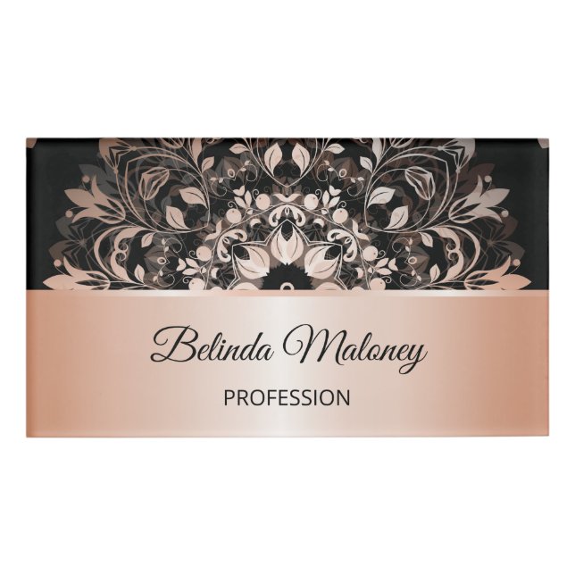 Rose Gold Black Floral Mandala Salon Namenschild (Vorderseite)