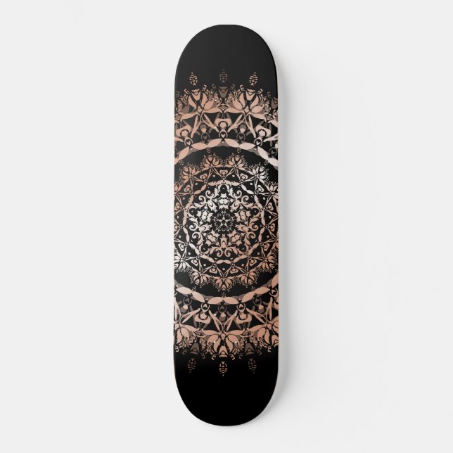 Rose Gold Black Floral Mandala Skateboard (Vorderseite)