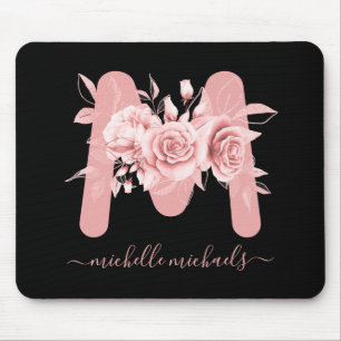 Rose Gold Black Floral Water Monogram Mousepad