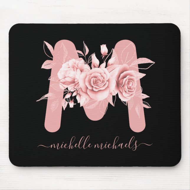 Rose Gold Black Floral Water Monogram Mousepad (Vorne)