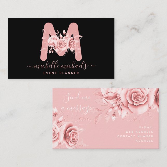 Rose Gold Black Floral Water Monogram Visitenkarte (Vorne/Hinten)