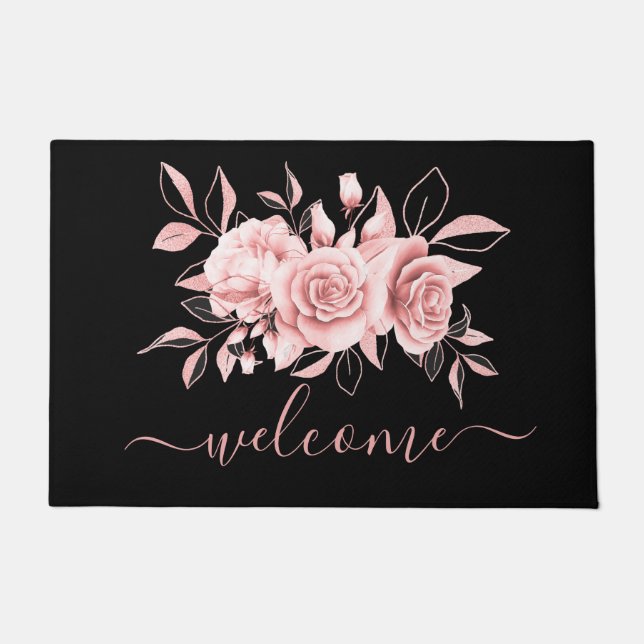 Rose Gold Black Floral Watercolor "Welcome" Fußmatte (Vorderseite)