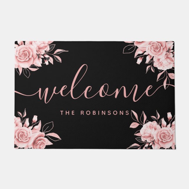 Rose Gold Black Floral Willkommen Familienname Doo Fußmatte (Vorderseite)