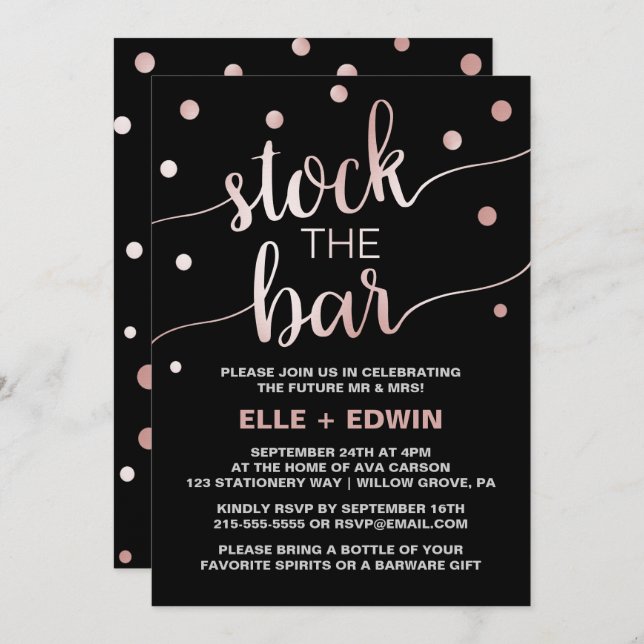 Rose Gold & Black Glam Confetti Bar Einladung (Vorne/Hinten)