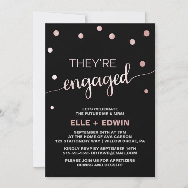 Rose Gold & Black Glam Confetti Engagement Party Einladung (Vorderseite)