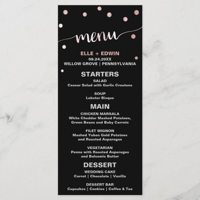 Rose Gold & Black Glam Confetti Wedding Menu Card Menükarte (Vorderseite)