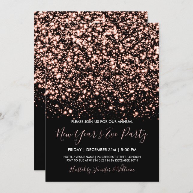 Rose Gold & Black Glam Silvester Party Einladung (Vorne/Hinten)