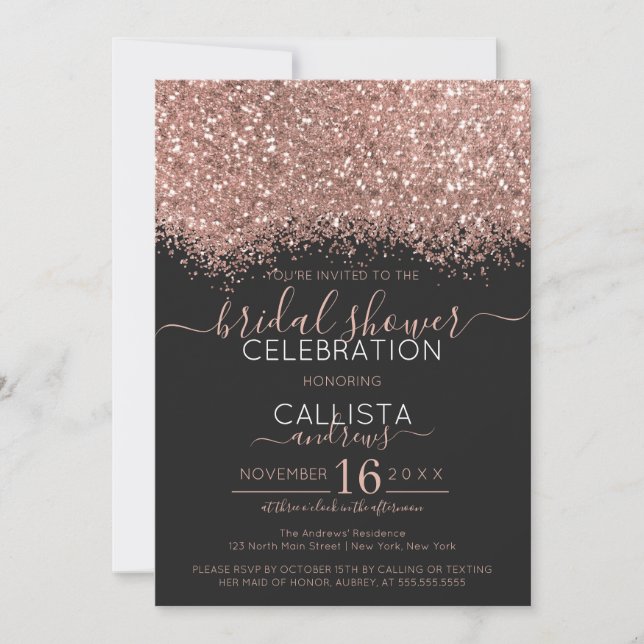 Rose Gold Black Glitzer Confetti Brautparty Einladung (Vorderseite)