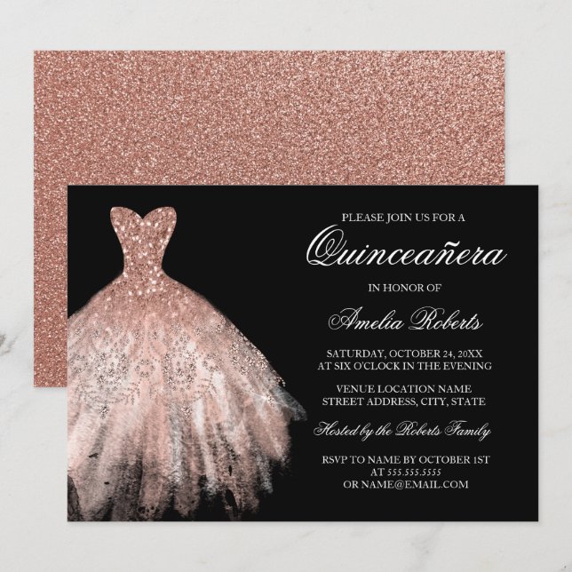 Rose Gold Black Glitzer Dress Quinceanera Einladung (Vorne/Hinten)