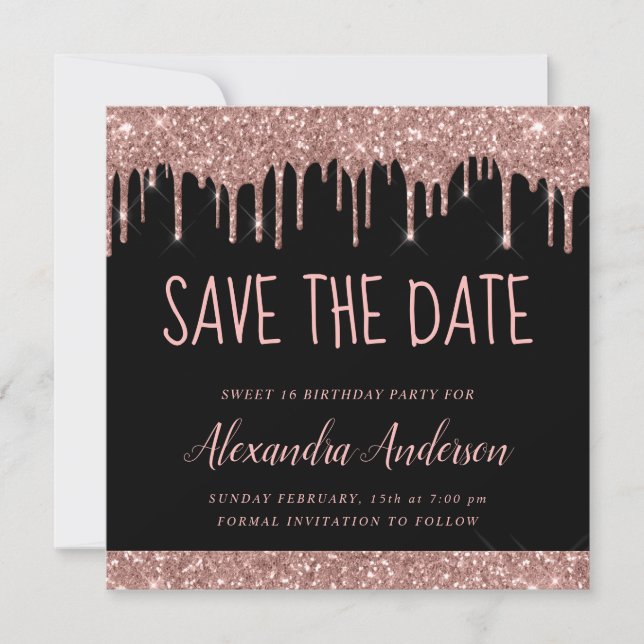 Rose Gold Black Glitzer Sweet 16 Save the Date Einladung (Vorderseite)