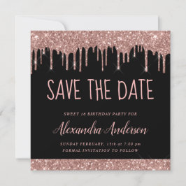 Rose Gold Black Glitzer Sweet 16 Save the Date Einladung