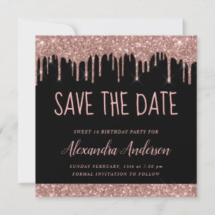 Rose Gold Black Glitzer Sweet 16 Save the Date Einladung