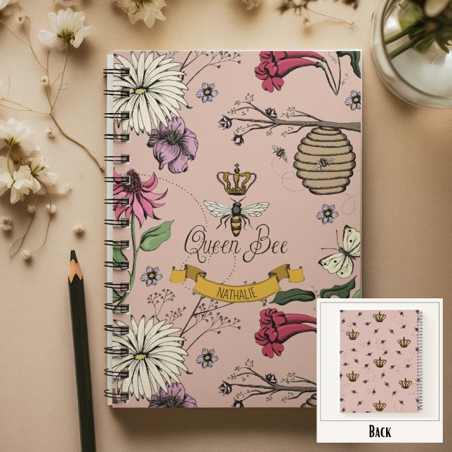 Rose Gold, Black & Gold Queen Bee, Crown & Scroll Notizbuch (Chic Queen Bee Custom Notebook
Front: Personalized Name or Message
Back: Fun Queen Bee & Crown Print)