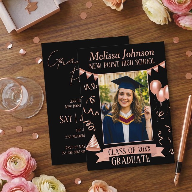 Rose Gold & Black Grad Party Photo Invitation Einladung (Von Creator hochgeladen)
