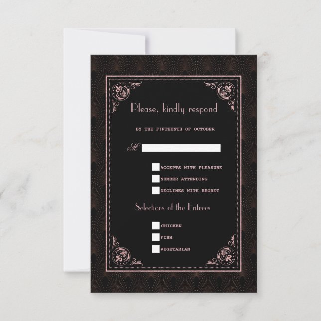 Rose Gold Black Great Gatsby Art Deco Hochzeit RSVP Karte (Vorderseite)