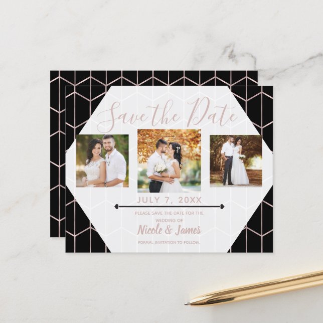 Rose Gold Black Hexagon Geometric Save the Date (Vorderseite/Rückseite Beispiel)