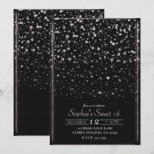 Rose Gold & Black Konfetti-Splatter Süße 16-Party Einladung