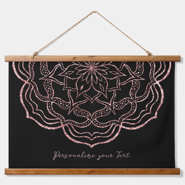 Rose Gold Black Mandala Trippy Psychedelic Hippie Wandteppich Mit Holzrahmen (Vorne)