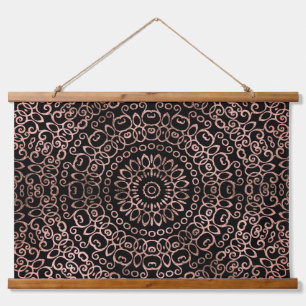 Rose Gold Black Mandala Trippy Psychedelic Hippie Wandteppich Mit Holzrahmen