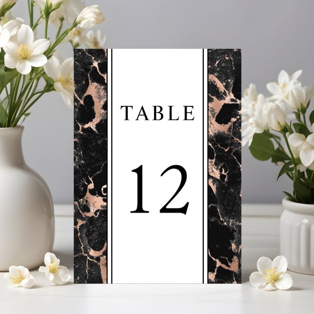 Rose Gold Black Marble Wedding Tischnummer (Elegant Rose Gold Black Marble Wedding Table Number)