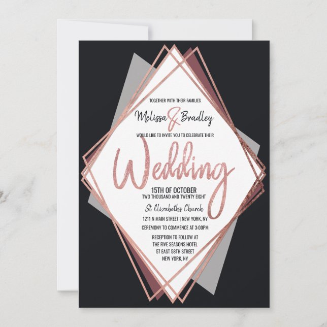 Rose Gold Black Mauve Gray Geometric Wedding Einladung (Vorderseite)