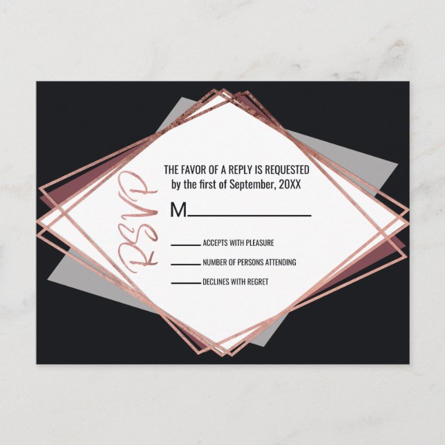 Rose Gold Black Mauve Gray Geometric Wedding RSVP Einladungspostkarte (Vorderseite)