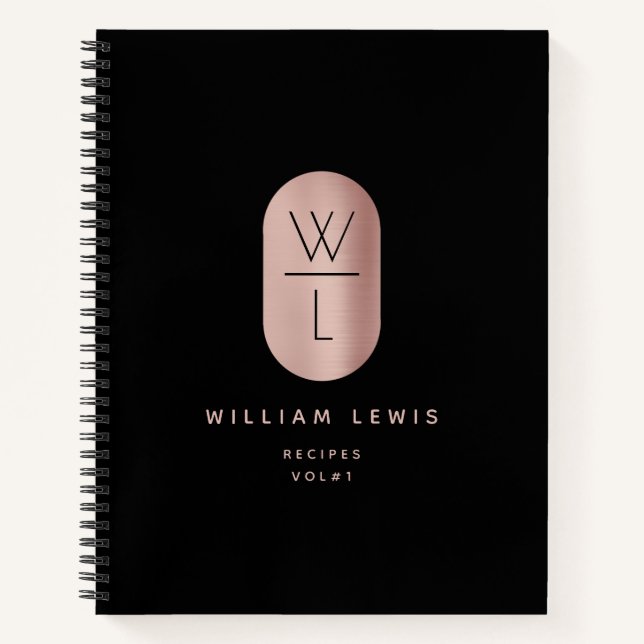 Rose Gold Black Monogram Modernes Minimalistisches Notizbuch (Vorderseite)