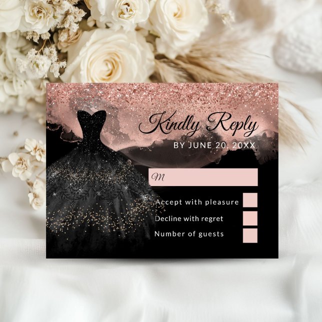 Rose Gold & Black Prinzessin Quinceañera RSVP Kart Begleitkarte (Rose Gold and Black Princess Quinceañera RSVP Cards)