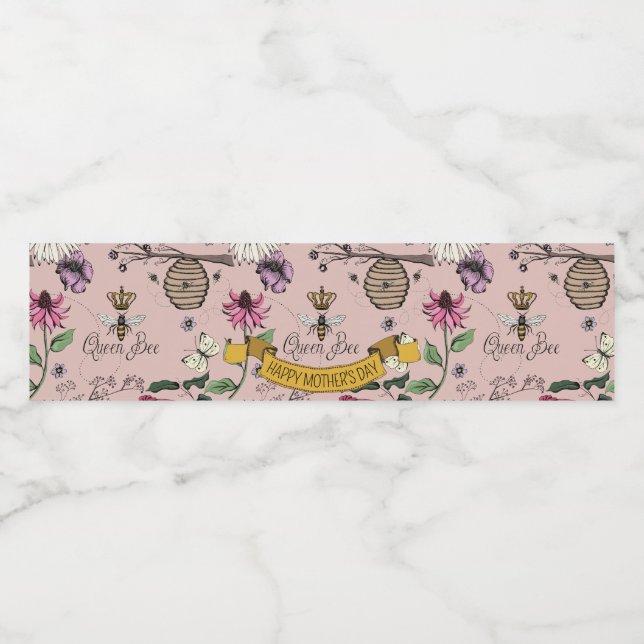 Rose Gold & Black Queen Bee, Gold Crown & Scroll Wasserflaschenetikett (Einzelnes Label)