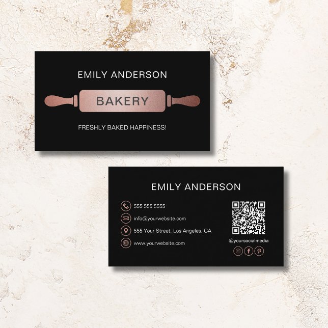 Rose Gold Black Rolling Button Bäckerei QR Code Visitenkarte (Rose Gold Black Rolling Pin Bakery QR Code Business Card)
