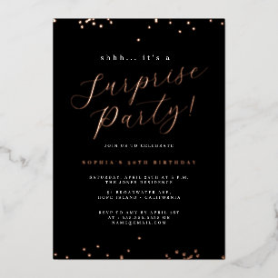 Rose Gold Black Script Confetti Überraschung Party Folieneinladung
