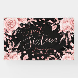 Rose Gold Black Sweet 16 Glitzer Confetti Floral Banner