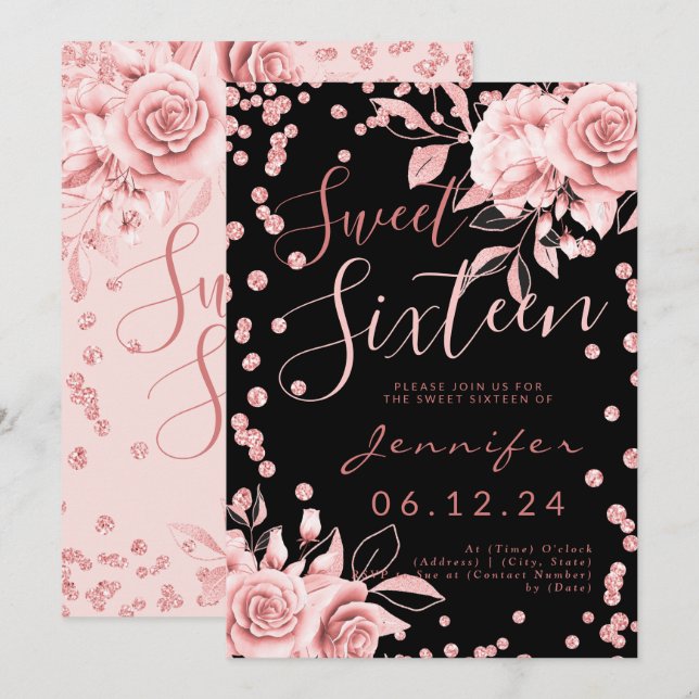 Rose Gold Black Sweet 16 Glitzer Confetti Floral Einladung (Vorne/Hinten)