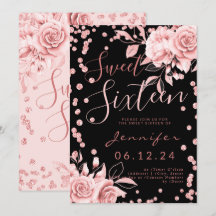 Rose Gold Black Sweet 16 Glitzer Confetti Floral