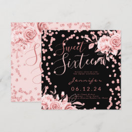 Rose Gold Black Sweet 16 Glitzer Confetti Floral Einladung