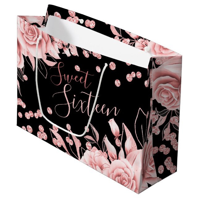 Rose Gold Black Sweet 16 Glitzer Confetti Floral Große Geschenktüte (Vorderseite Schrägansicht)