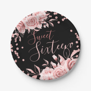 Rose Gold Black Sweet 16 Glitzer Confetti Floral Pappteller