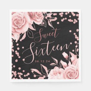 Rose Gold Black Sweet 16 Glitzer Confetti Floral Serviette