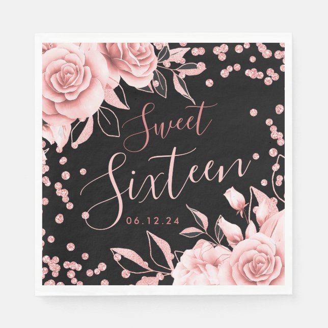 Rose Gold Black Sweet 16 Glitzer Confetti Floral Serviette (Vorderseite)
