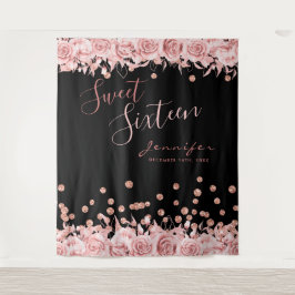 Rose Gold Black Sweet 16 Glitzer Confetti Floral Wandteppich