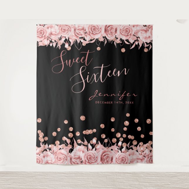Rose Gold Black Sweet 16 Glitzer Confetti Floral Wandteppich (Vorderseite)