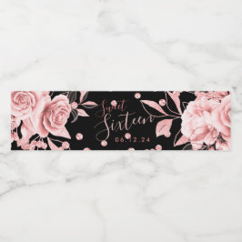 Rose Gold Black Sweet 16 Glitzer Confetti Floral Wasserflaschenetikett