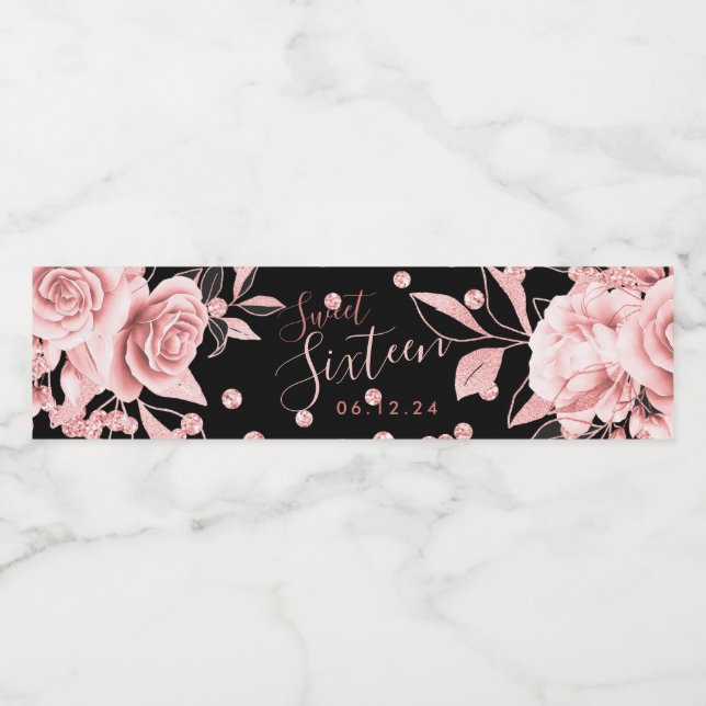 Rose Gold Black Sweet 16 Glitzer Confetti Floral Wasserflaschenetikett (Einzelnes Label)
